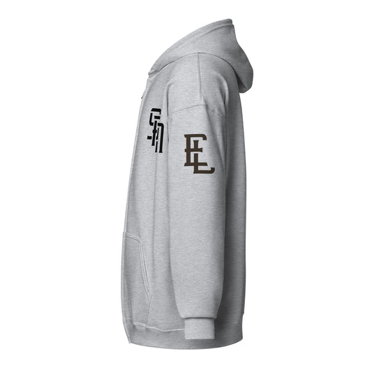 "SAN" Unisex Heavy Blend Zip Hoodie | E Luna Brand ESSENCE | 3 Black Logos: Front Left, Left Sleeve & Outside Back Label