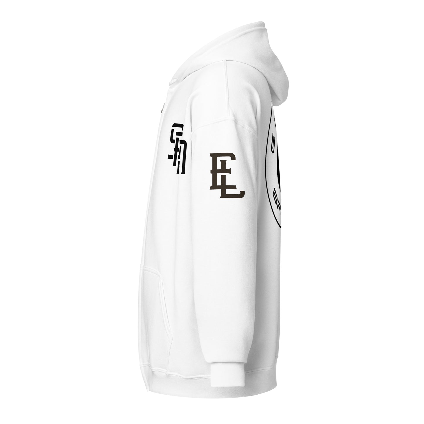 "SAN" Unisex Heavy Blend Zip Hoodie | E Luna Brand ELEMENT | 3 Black Logos: Front Left, Left Sleeve & Back