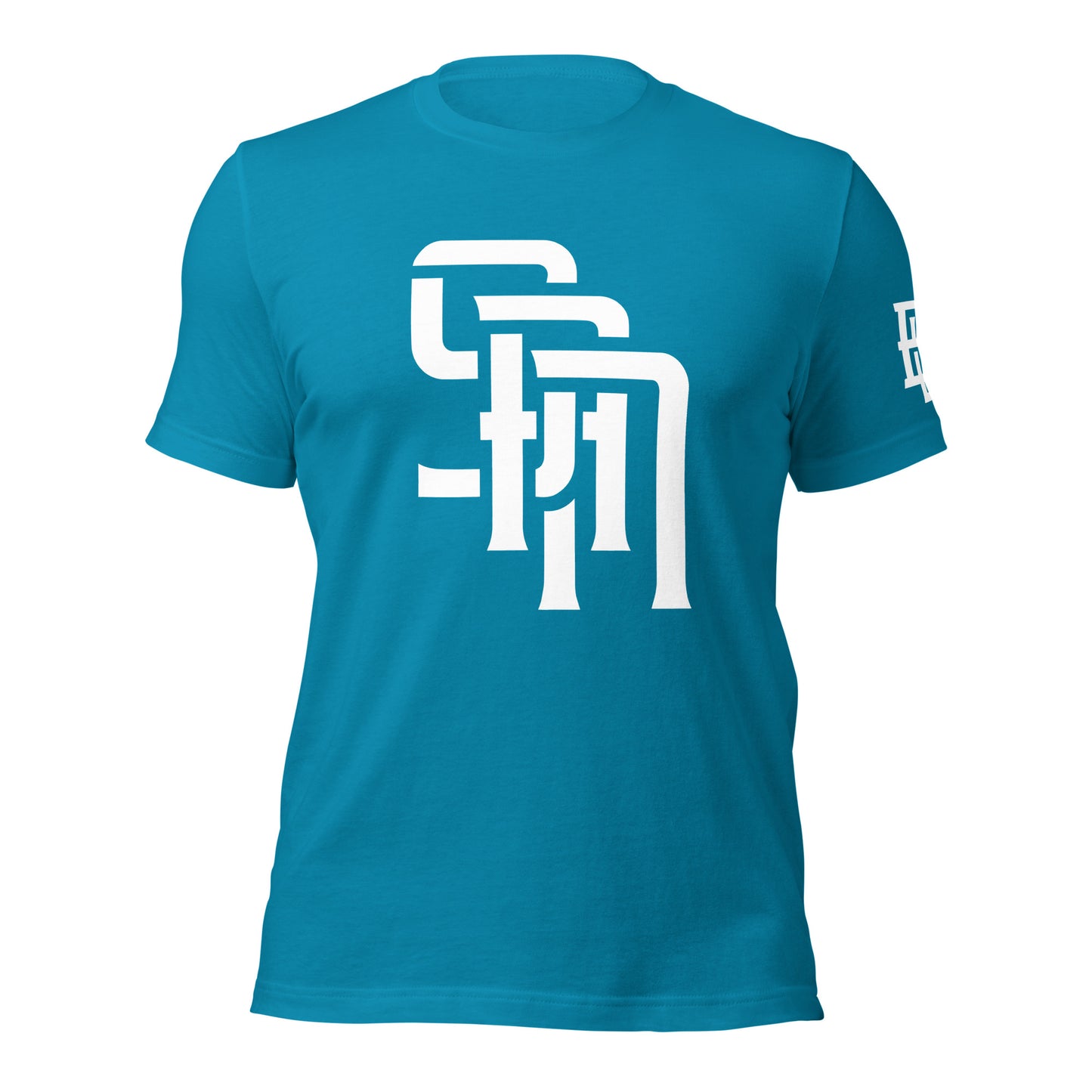 "SAN" Unisex Staple T-Shirt | E Luna Brand ESSENCE | 3 White Logos: Front, Left Sleeve & Outside Back Label
