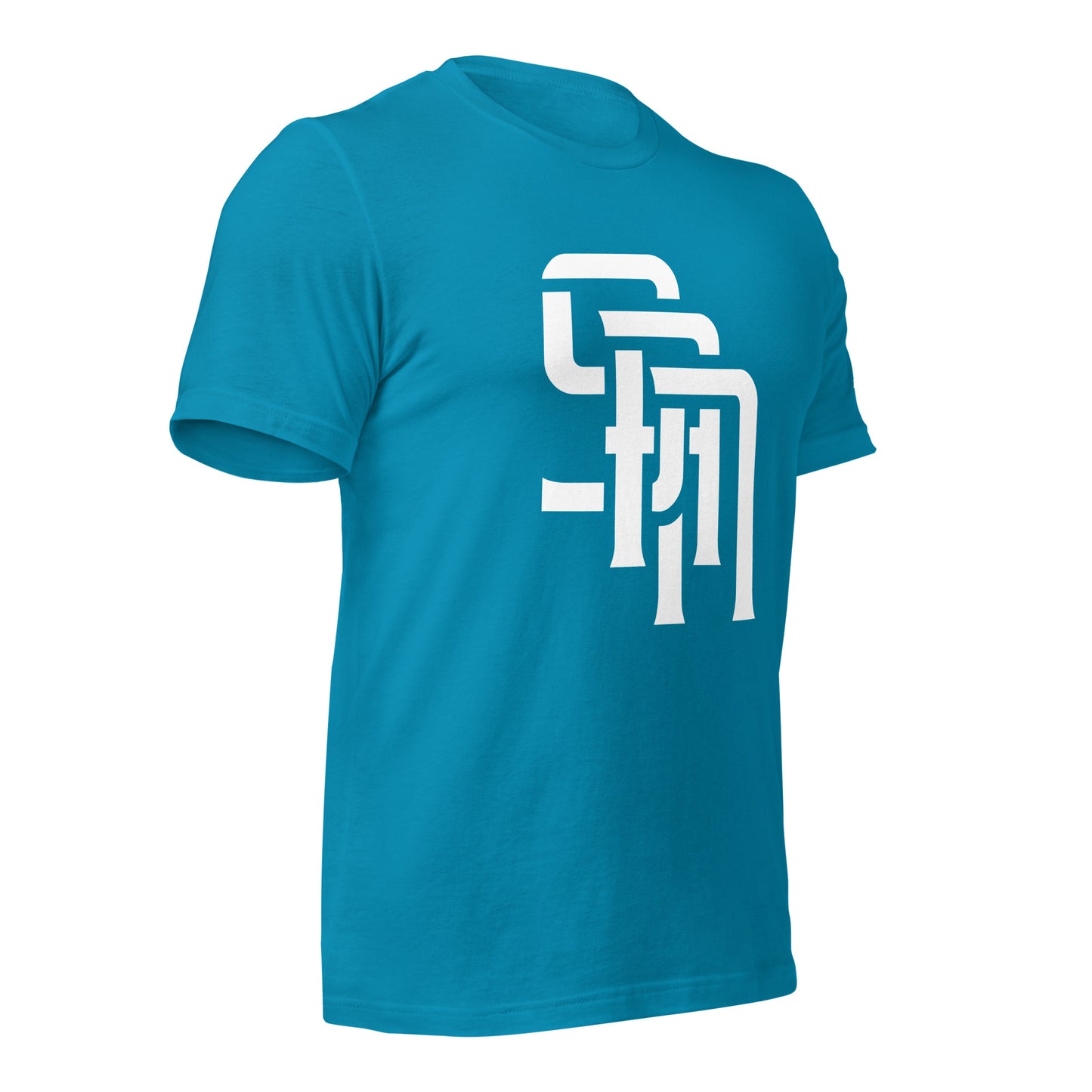 "SAN" Unisex Staple T-Shirt | E Luna Brand ESSENCE | 3 White Logos: Front, Left Sleeve & Outside Back Label