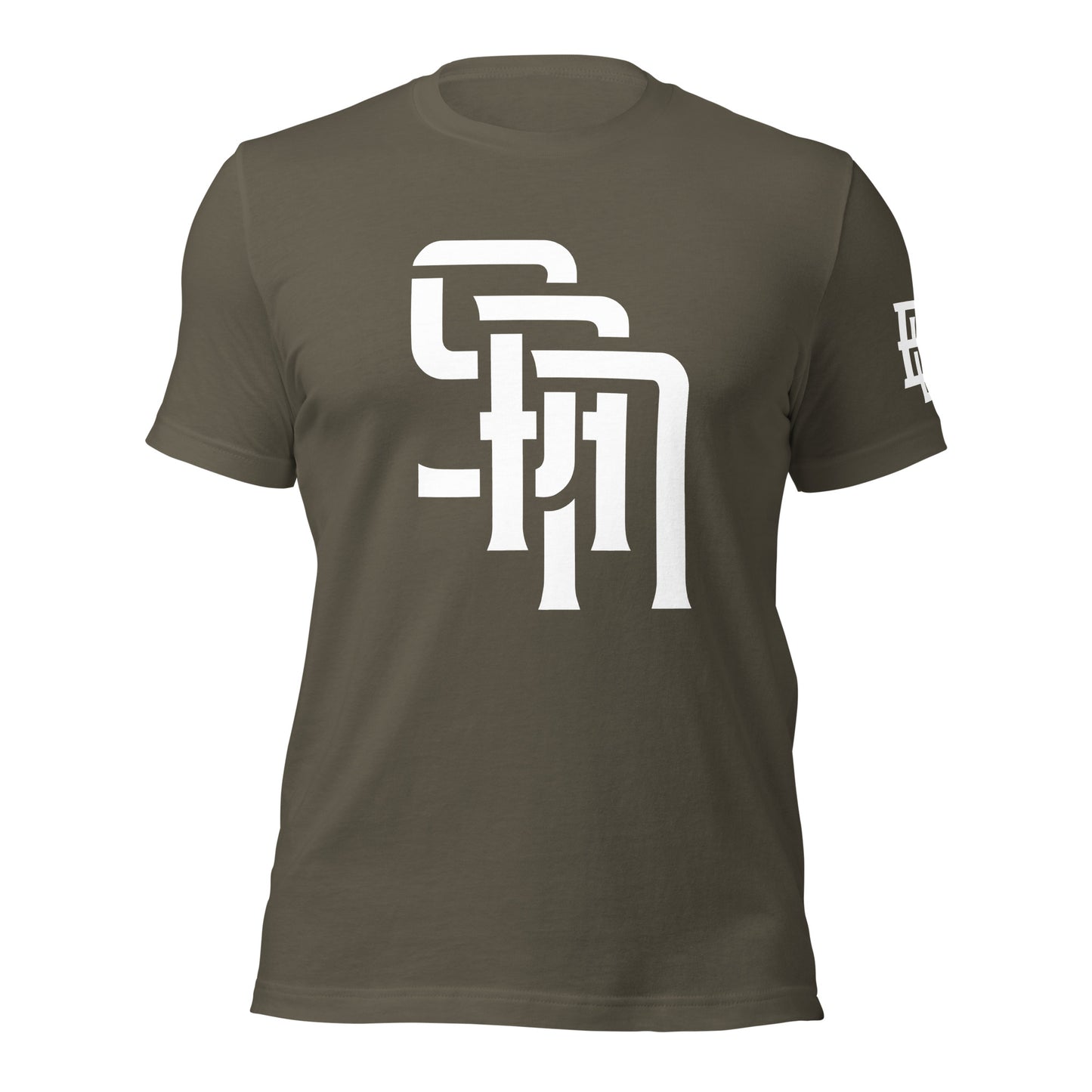 "SAN" Unisex Staple T-Shirt | E Luna Brand ESSENCE | 3 White Logos: Front, Left Sleeve & Outside Back Label
