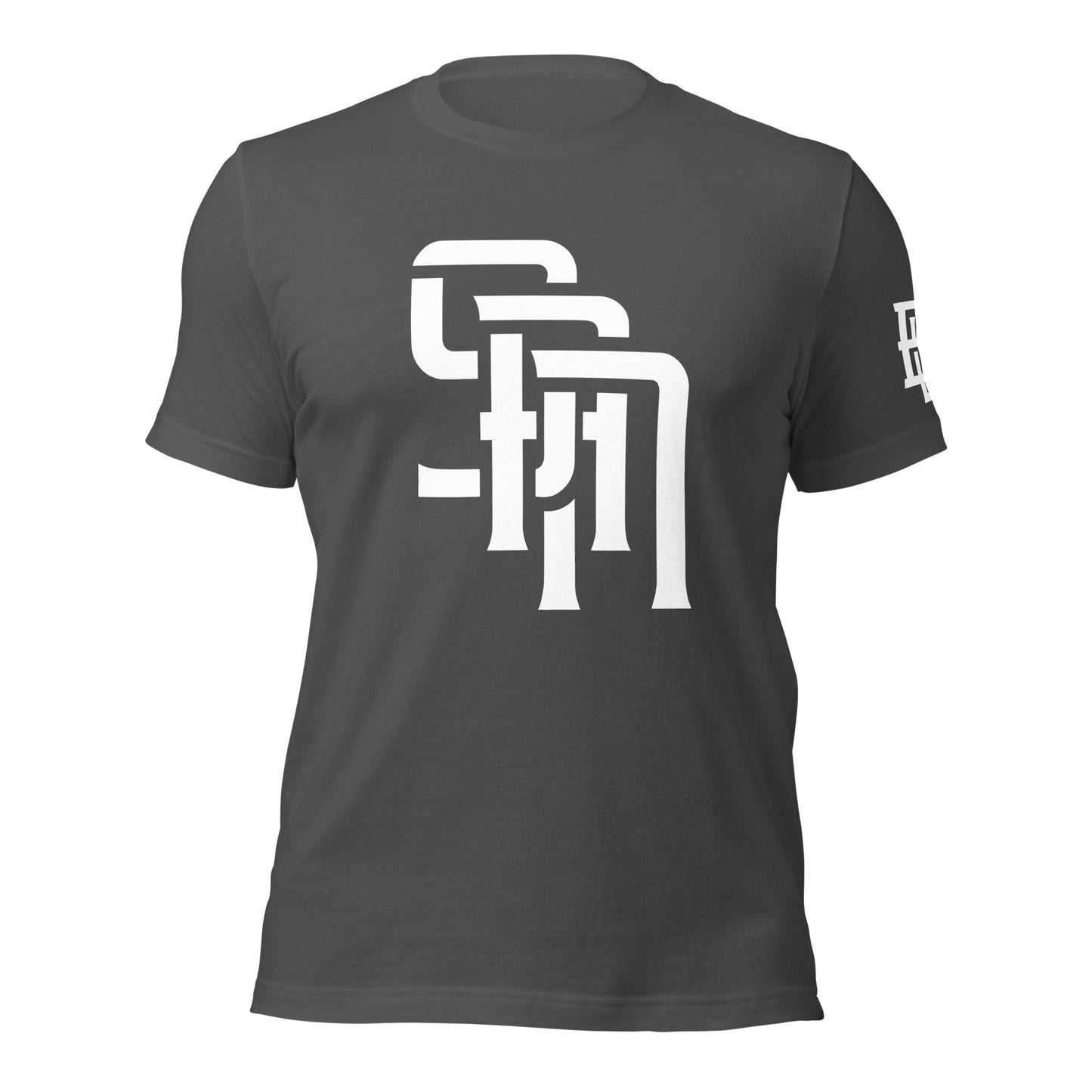 "SAN" Unisex Staple T-Shirt | E Luna Brand ESSENCE | 3 White Logos: Front, Left Sleeve & Outside Back Label