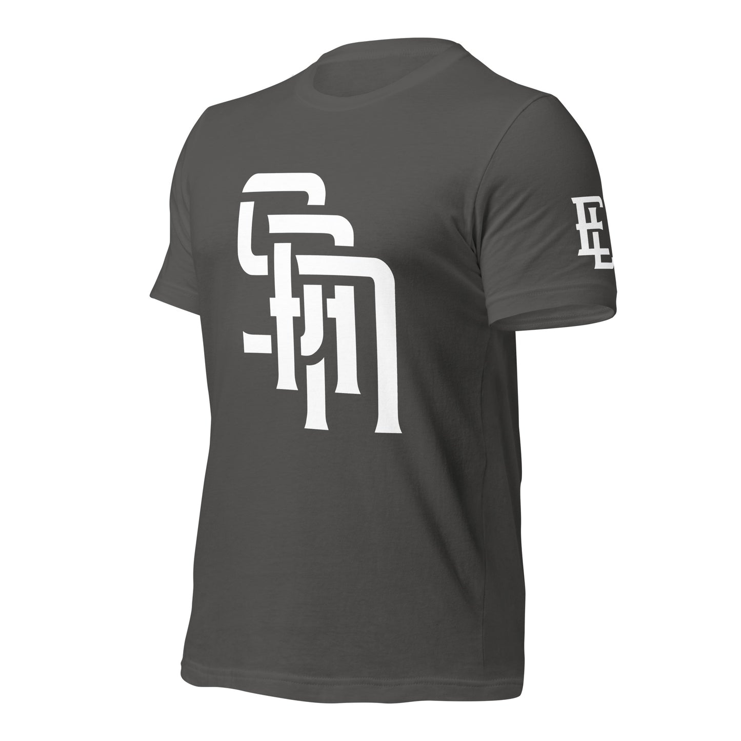 "SAN" Unisex Staple T-Shirt | E Luna Brand ESSENCE | 3 White Logos: Front, Left Sleeve & Outside Back Label