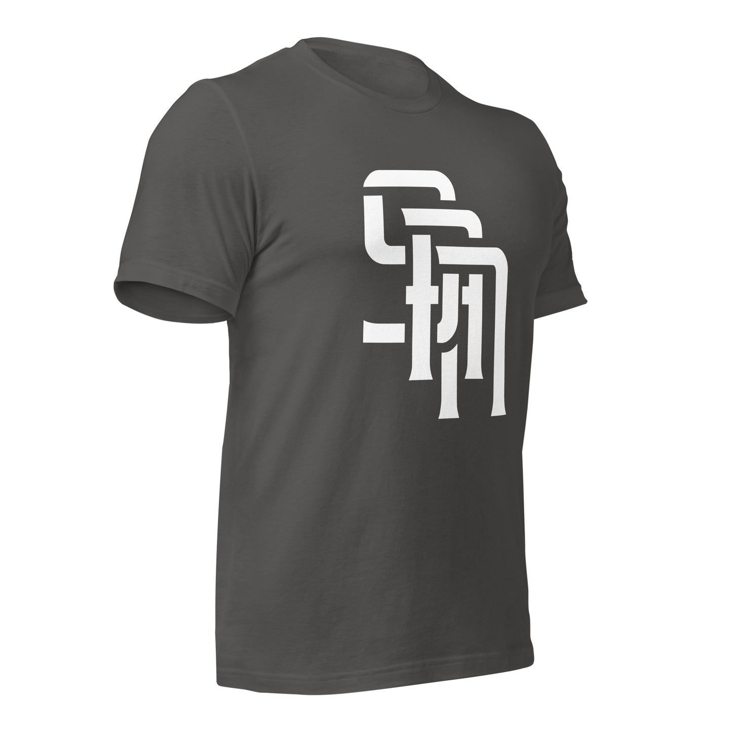 "SAN" Unisex Staple T-Shirt | E Luna Brand ESSENCE | 3 White Logos: Front, Left Sleeve & Outside Back Label