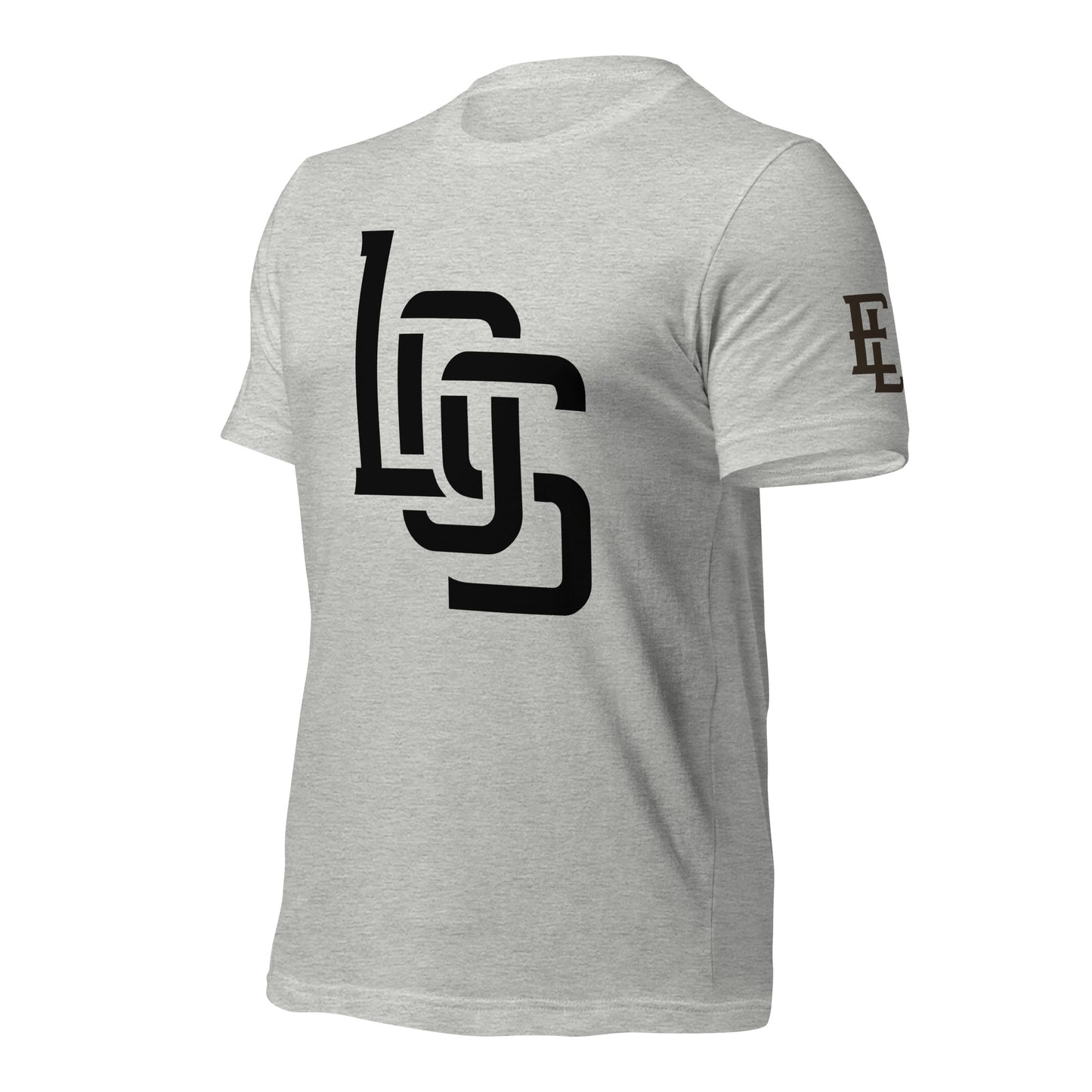 "LOS" Unisex Staple T-Shirt | Bella + Canvas 3001 | E Luna Brand ESSENCE Tricrest 3 Black Logos: Front Center (Large), Left Arm & Outside Back Label