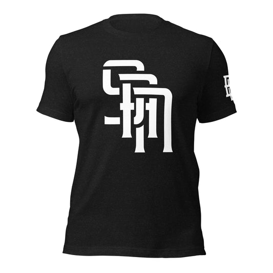 "SAN" Unisex Staple T-Shirt | E Luna Brand ESSENCE | 3 White Logos: Front, Left Sleeve & Outside Back Label