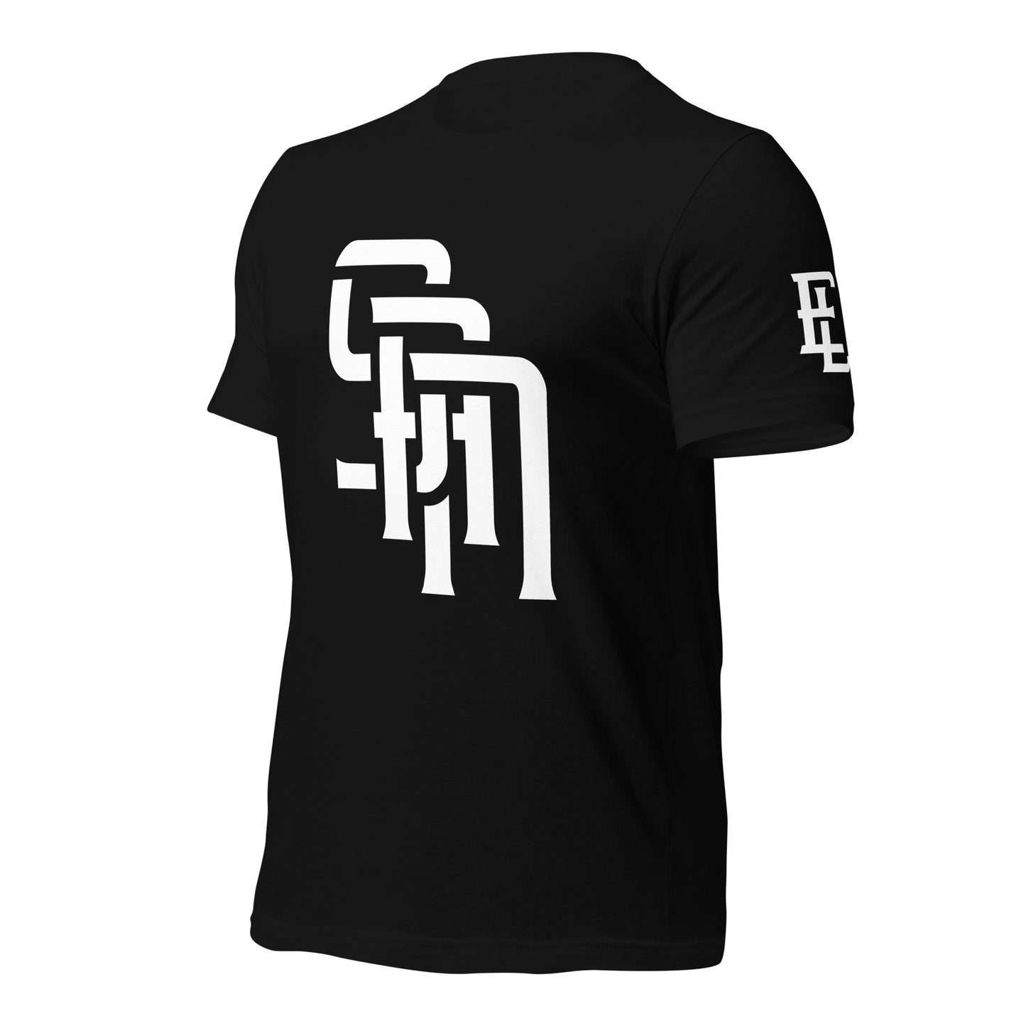 "SAN" Unisex Staple T-Shirt | E Luna Brand ESSENCE | 3 White Logos: Front, Left Sleeve & Outside Back Label