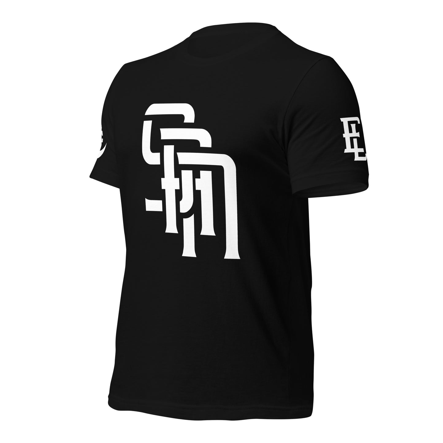 "SAN" Unisex Staple T-Shirt | E Luna Brand EXCLUSIVE | 4 White Logos: Front, Left/Right Sleeves & Back Signature