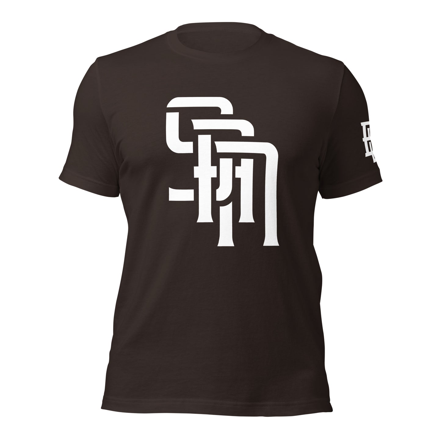 "SAN" Unisex Staple T-Shirt | E Luna Brand ESSENCE | 3 White Logos: Front, Left Sleeve & Outside Back Label