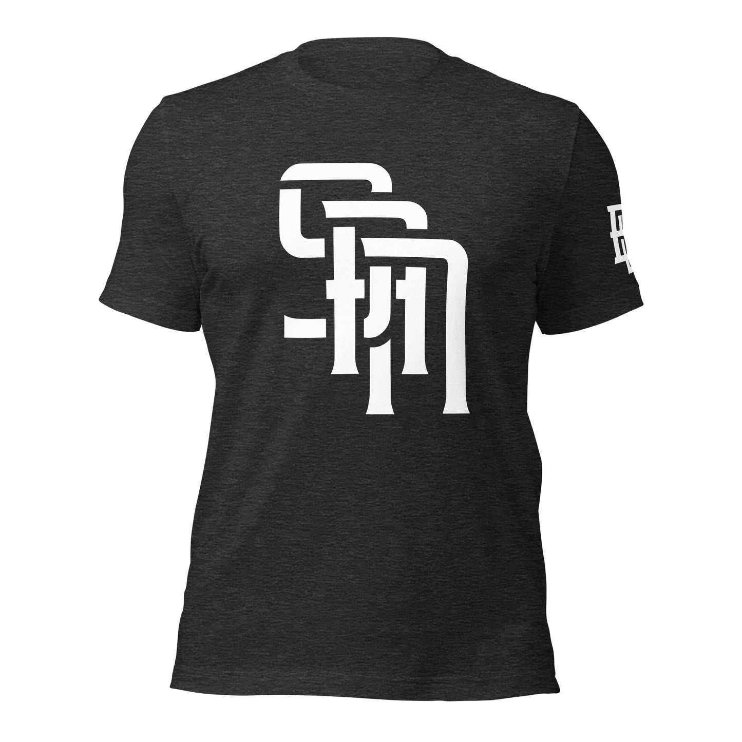 "SAN" Unisex Staple T-Shirt | E Luna Brand ESSENCE | 3 White Logos: Front, Left Sleeve & Outside Back Label