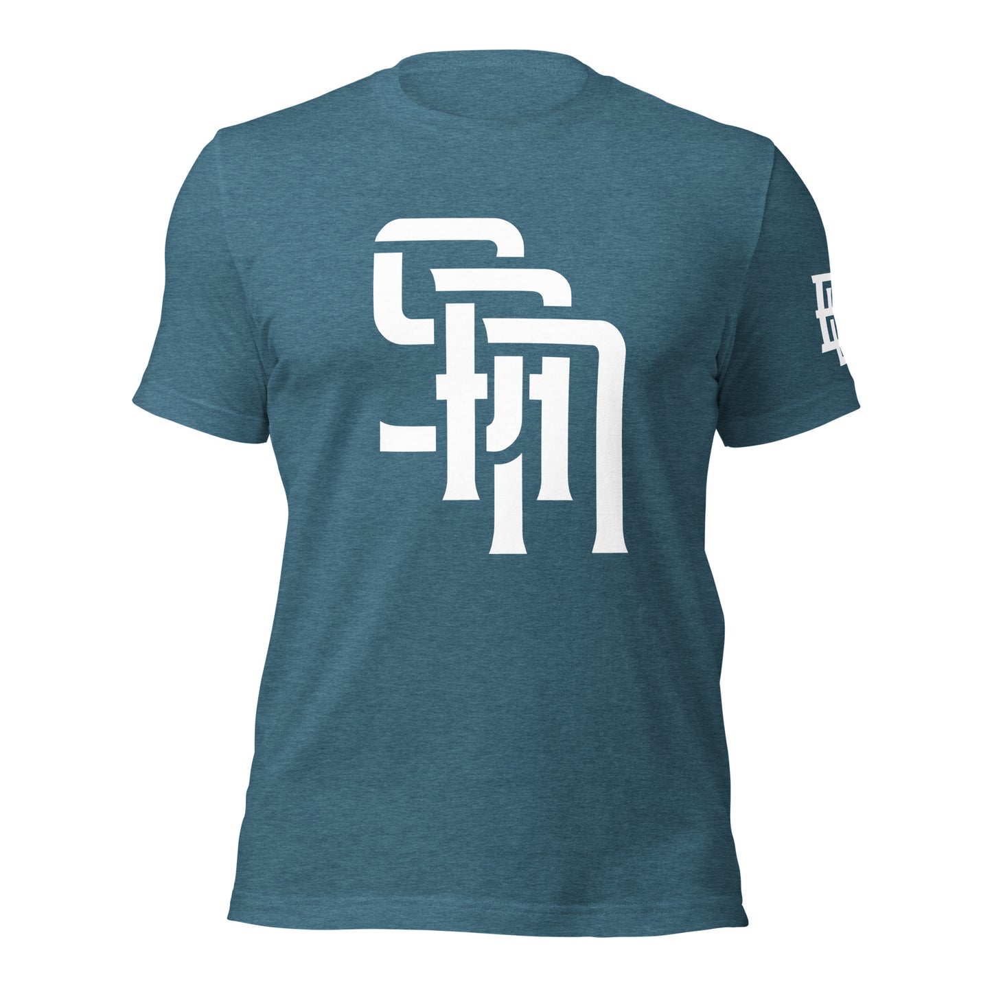 "SAN" Unisex Staple T-Shirt | E Luna Brand ESSENCE | 3 White Logos: Front, Left Sleeve & Outside Back Label
