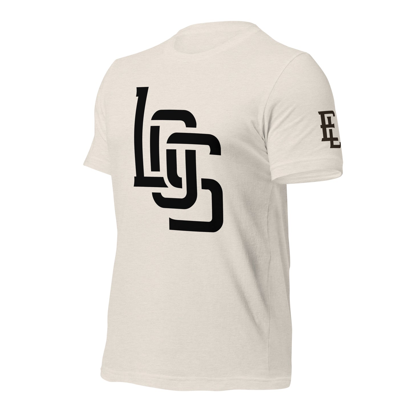 "LOS" Unisex Staple T-Shirt | Bella + Canvas 3001 | E Luna Brand ESSENCE Tricrest 3 Black Logos: Front Center (Large), Left Arm & Outside Back Label