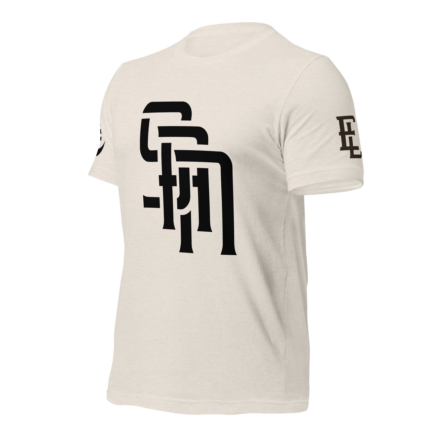 "SAN" Unisex Staple T-Shirt | E Luna Brand EXCLUSIVE | 4 White Logos: Front, Left/Right Sleeves & Back Signature