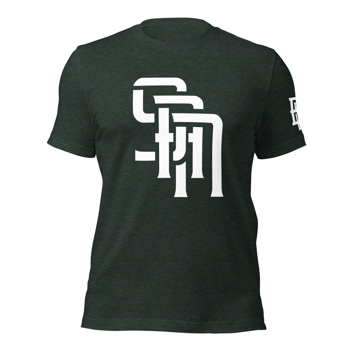 "SAN" Unisex Staple T-Shirt | E Luna Brand ESSENCE | 3 White Logos: Front, Left Sleeve & Outside Back Label