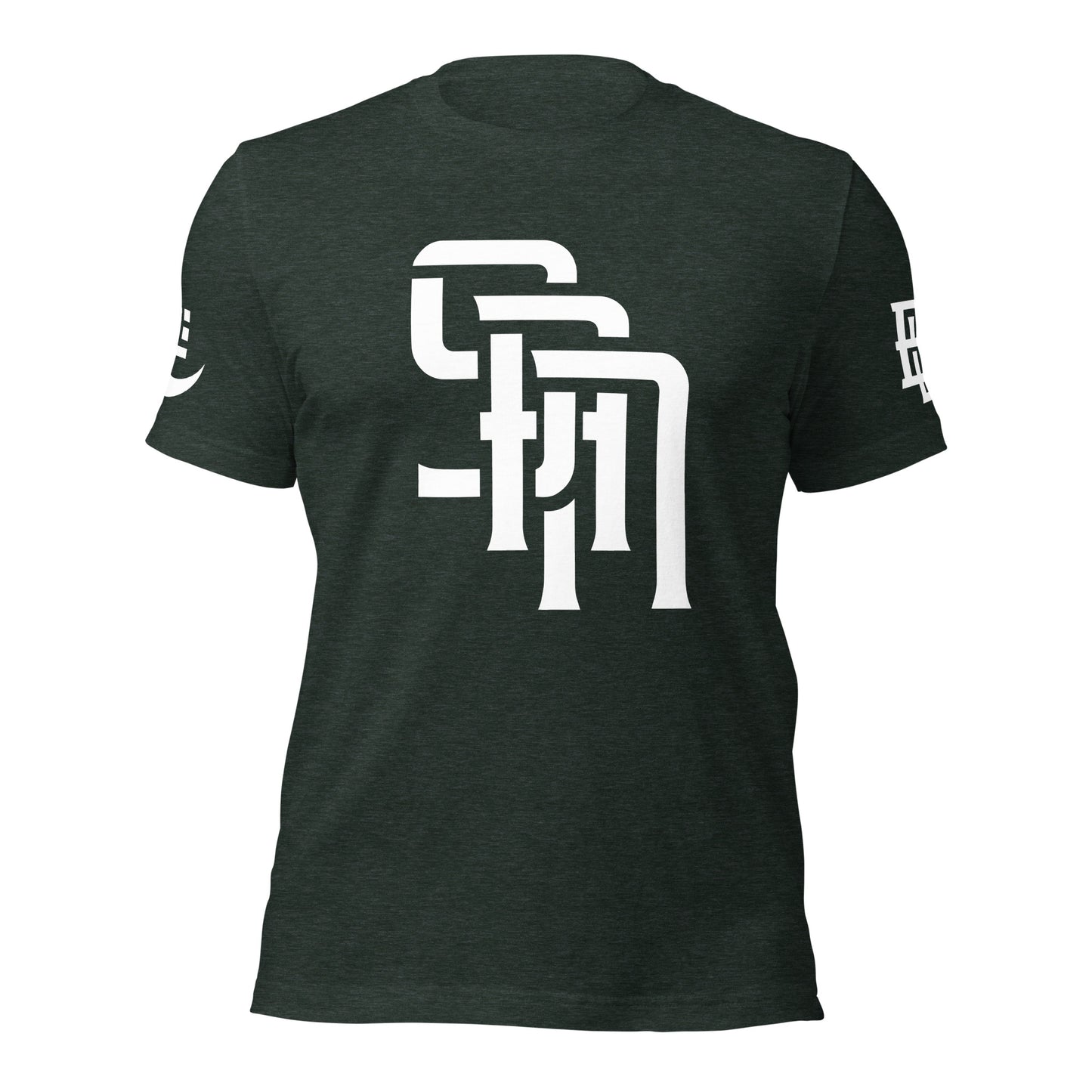 "SAN" Unisex Staple T-Shirt | E Luna Brand EXCLUSIVE | 4 White Logos: Front, Left/Right Sleeves & Back Signature