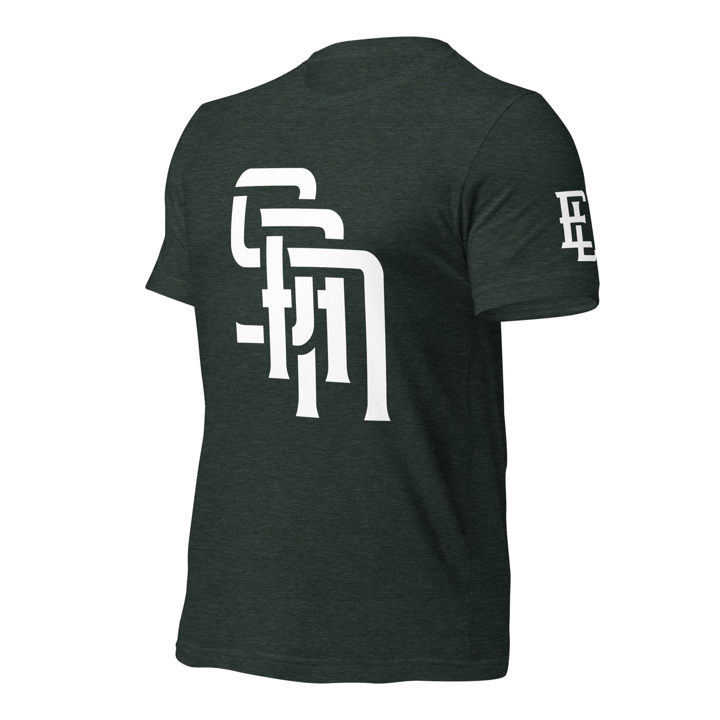 "SAN" Unisex Staple T-Shirt | E Luna Brand ESSENCE | 3 White Logos: Front, Left Sleeve & Outside Back Label