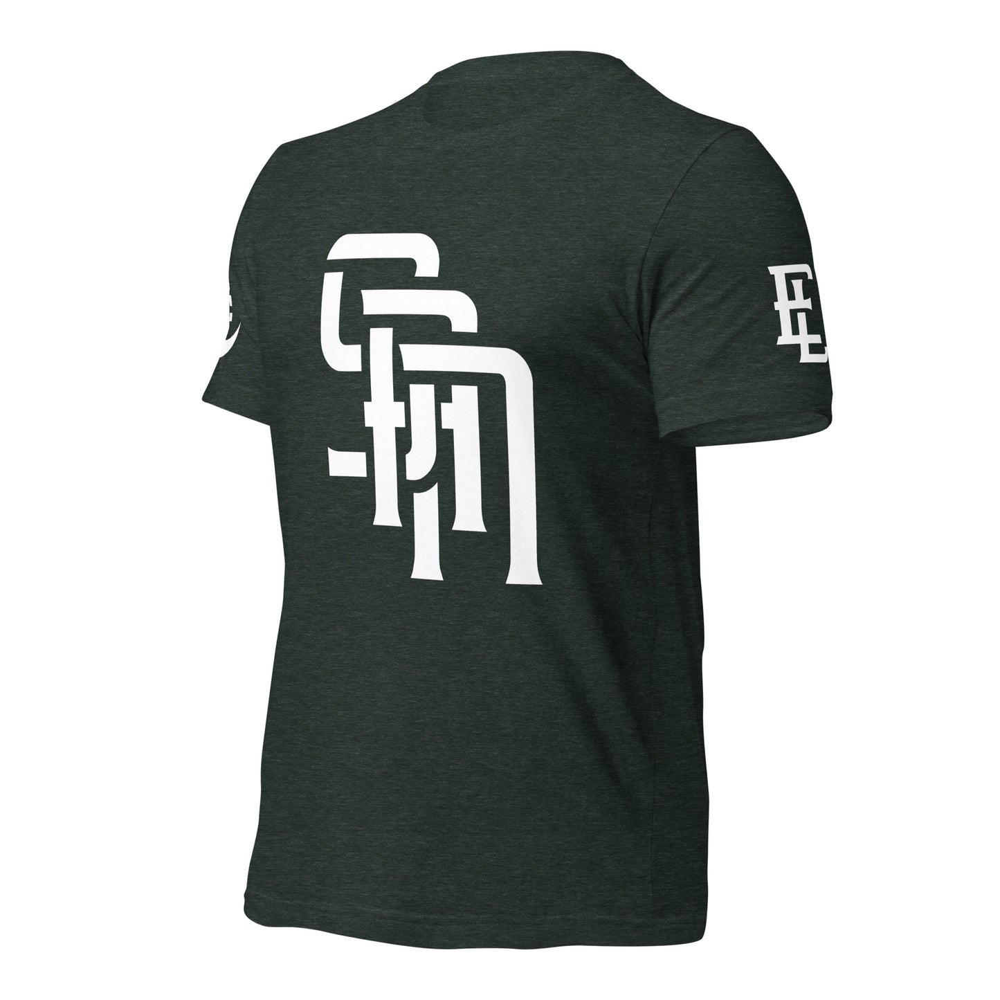 "SAN" Unisex Staple T-Shirt | E Luna Brand EXCLUSIVE | 4 White Logos: Front, Left/Right Sleeves & Back Signature