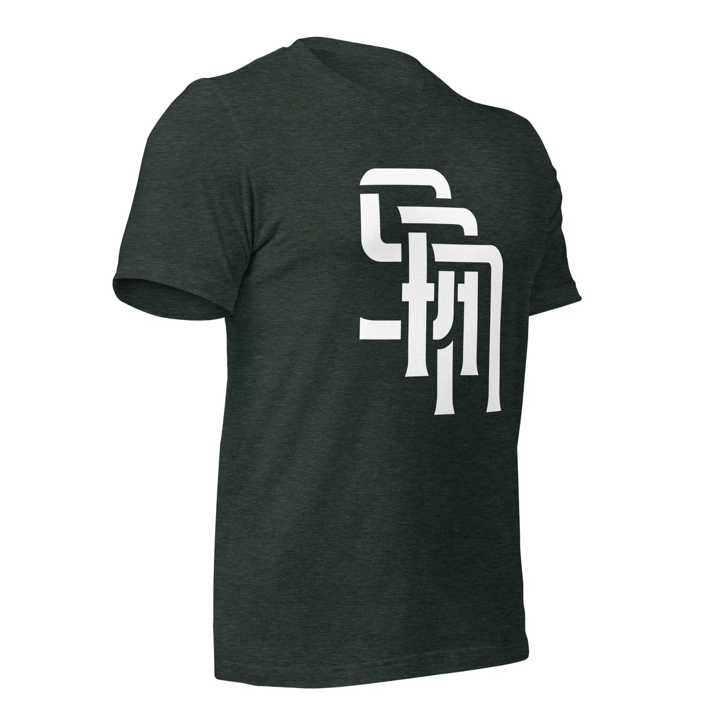 "SAN" Unisex Staple T-Shirt | E Luna Brand ESSENCE | 3 White Logos: Front, Left Sleeve & Outside Back Label