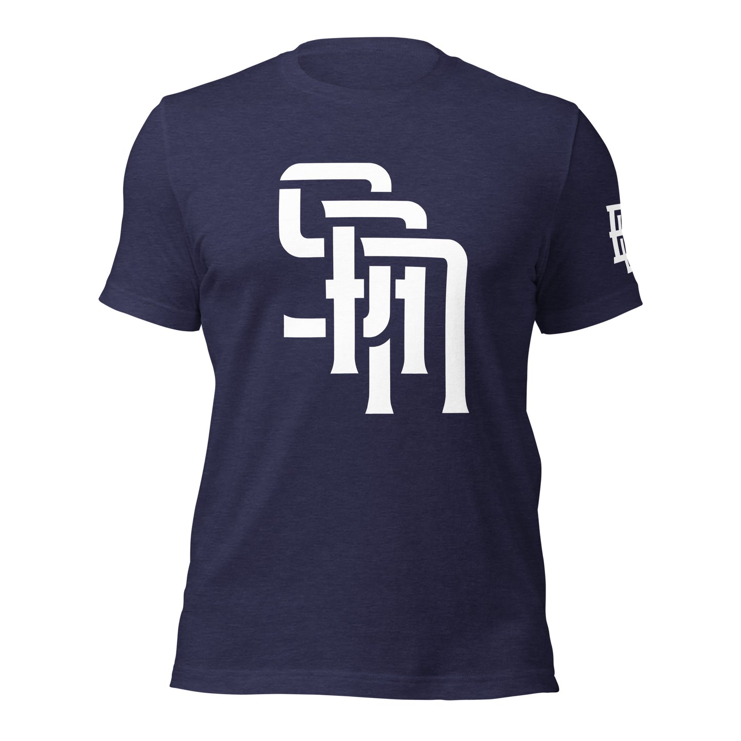 "SAN" Unisex Staple T-Shirt | E Luna Brand ESSENCE | 3 White Logos: Front, Left Sleeve & Outside Back Label