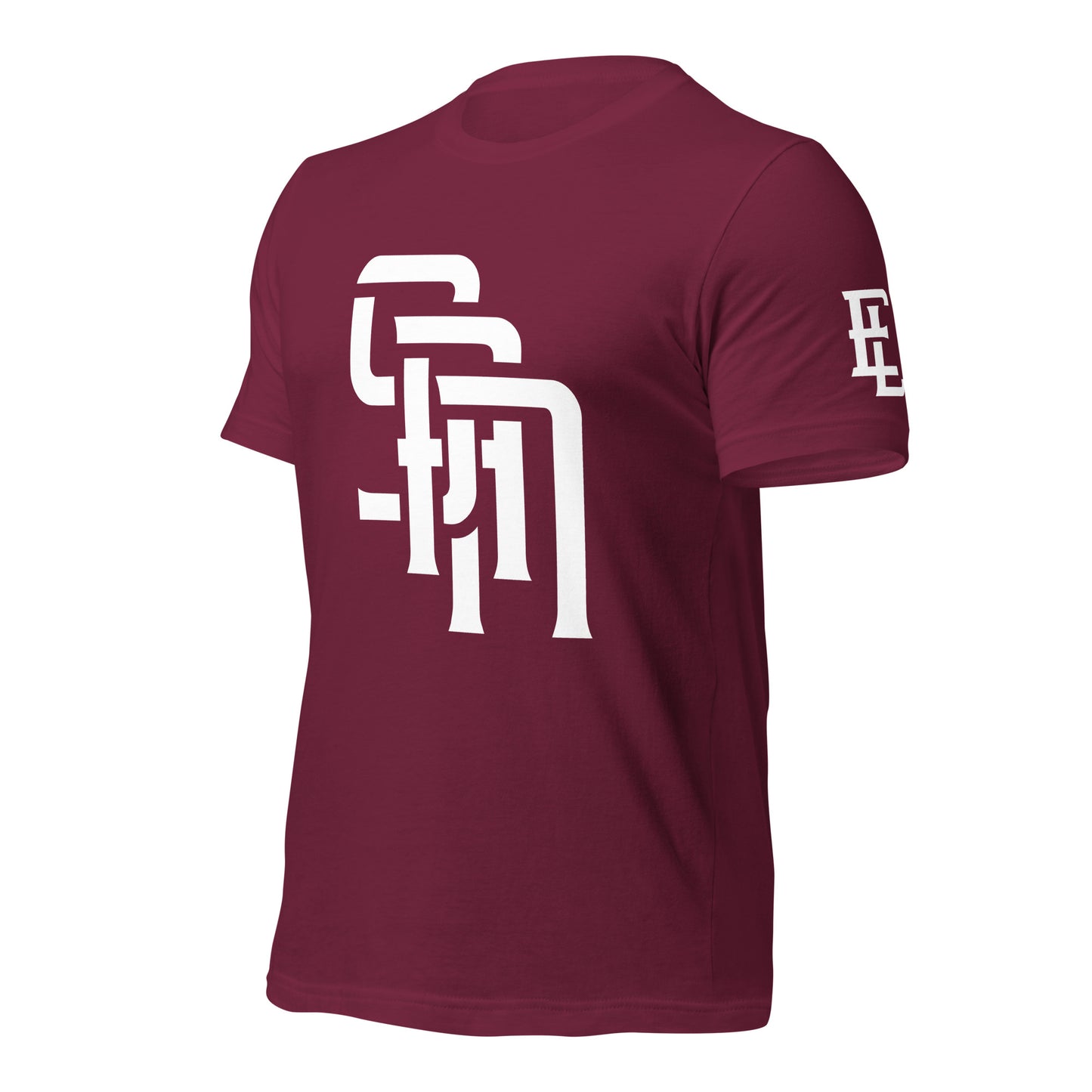 "SAN" Unisex Staple T-Shirt | E Luna Brand ESSENCE | 3 White Logos: Front, Left Sleeve & Outside Back Label