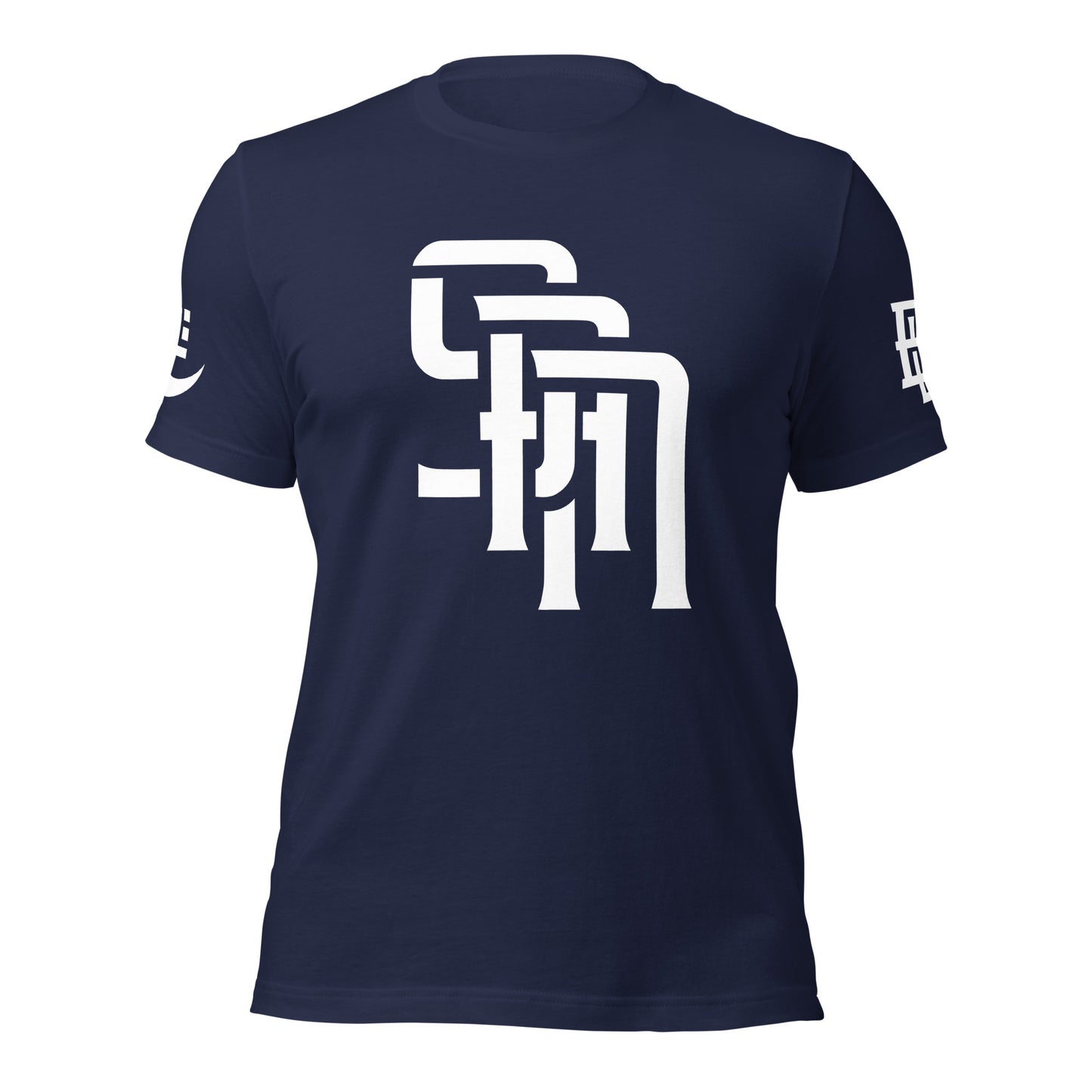"SAN" Unisex Staple T-Shirt | E Luna Brand EXCLUSIVE | 4 White Logos: Front, Left/Right Sleeves & Back Signature