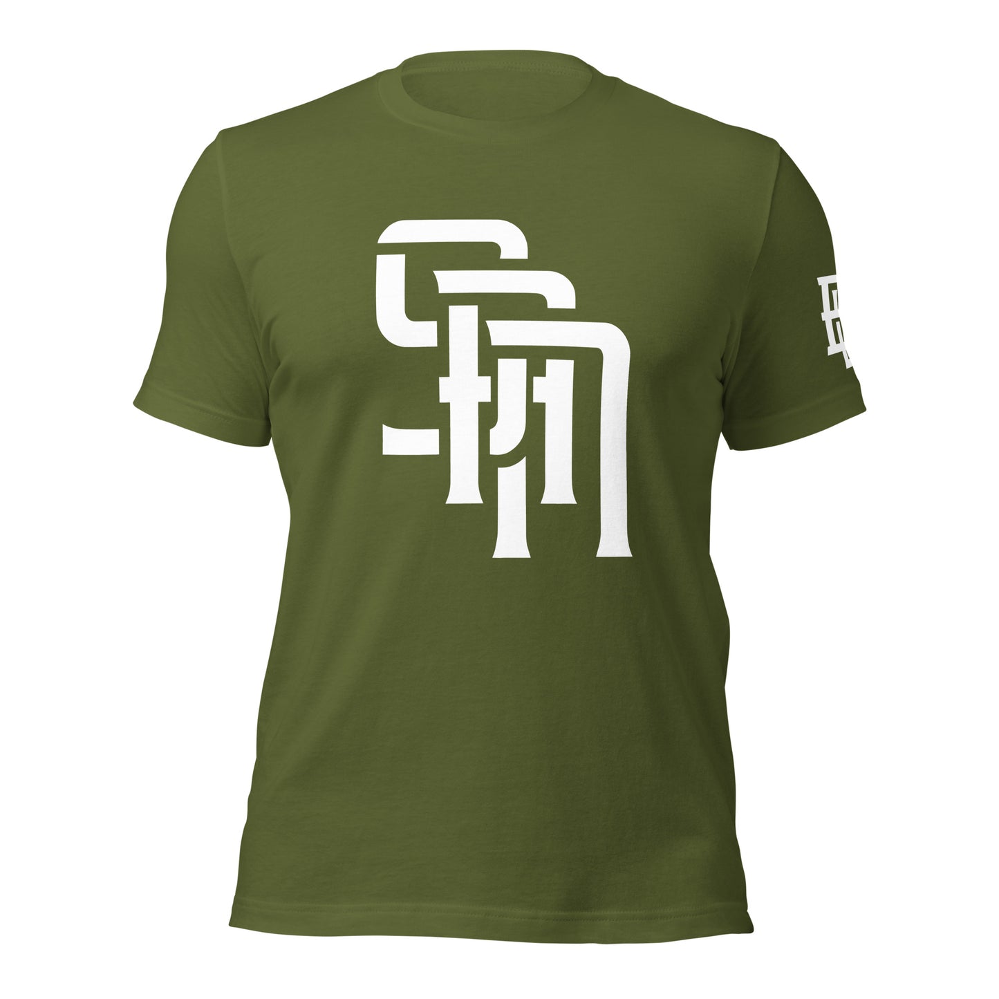 "SAN" Unisex Staple T-Shirt | E Luna Brand ESSENCE | 3 White Logos: Front, Left Sleeve & Outside Back Label