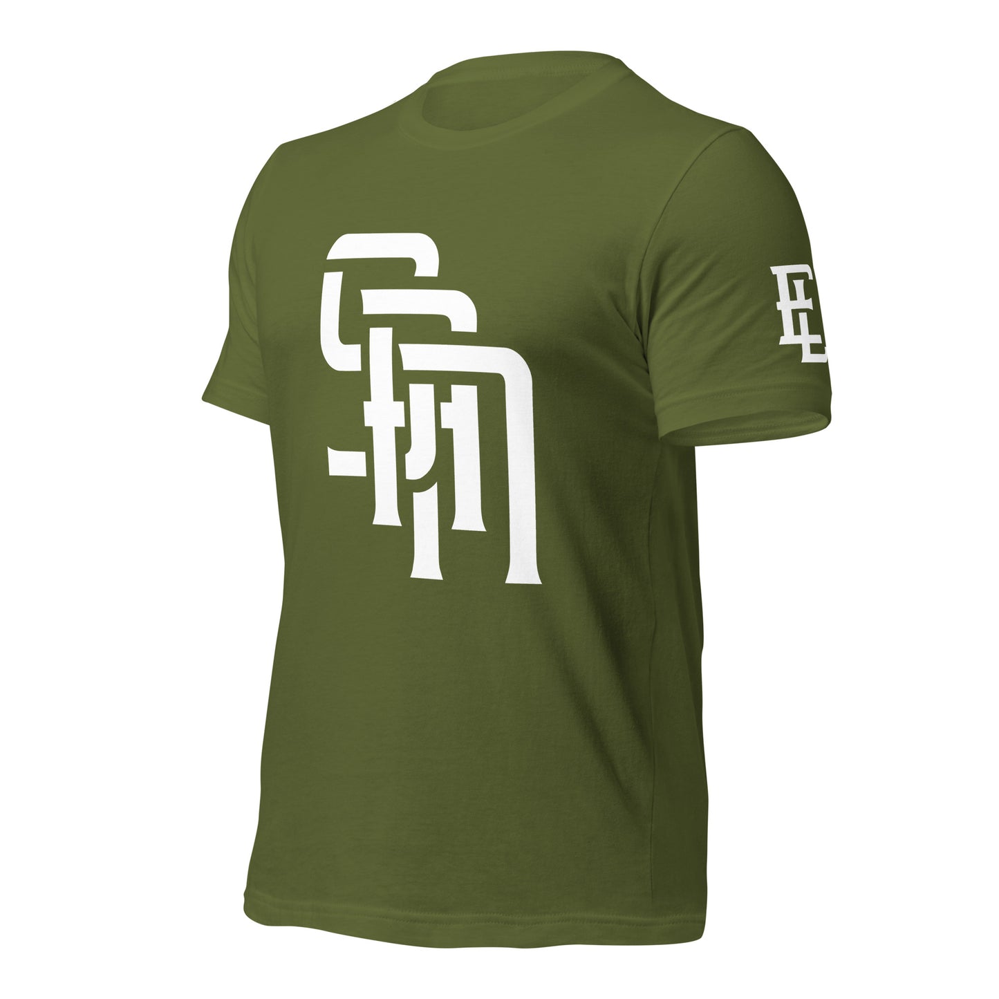 "SAN" Unisex Staple T-Shirt | E Luna Brand ESSENCE | 3 White Logos: Front, Left Sleeve & Outside Back Label