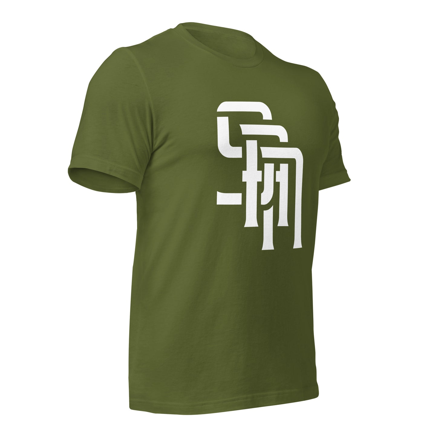 "SAN" Unisex Staple T-Shirt | E Luna Brand ESSENCE | 3 White Logos: Front, Left Sleeve & Outside Back Label