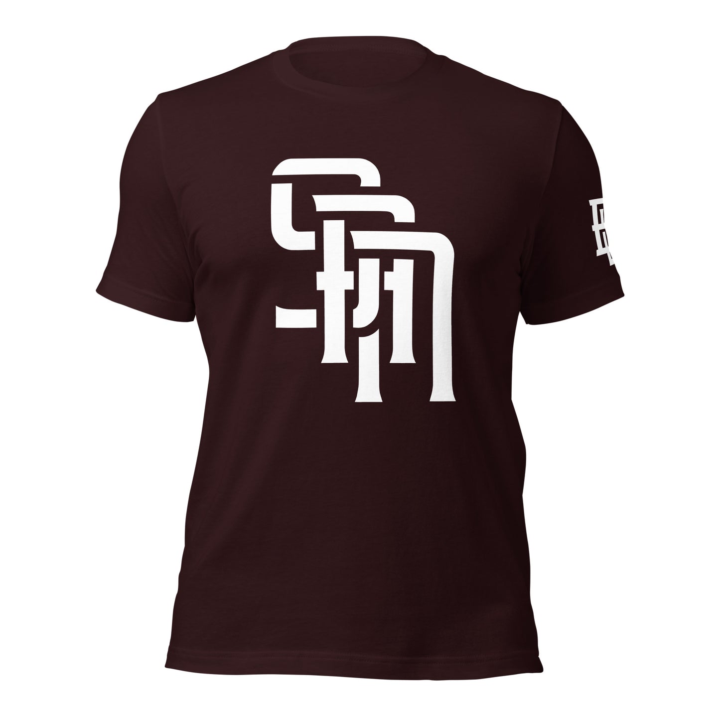 "SAN" Unisex Staple T-Shirt | E Luna Brand ESSENCE | 3 White Logos: Front, Left Sleeve & Outside Back Label