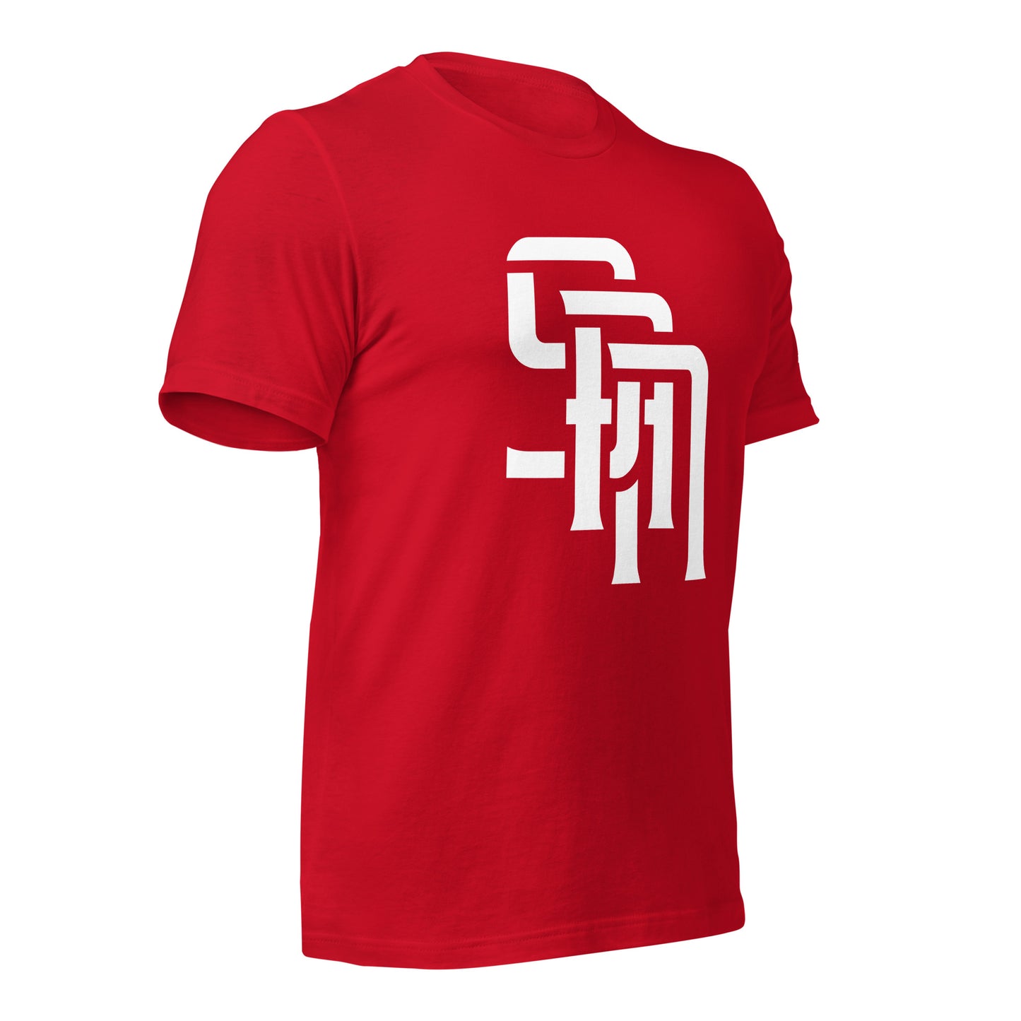 "SAN" Unisex Staple T-Shirt | E Luna Brand ESSENCE | 3 White Logos: Front, Left Sleeve & Outside Back Label