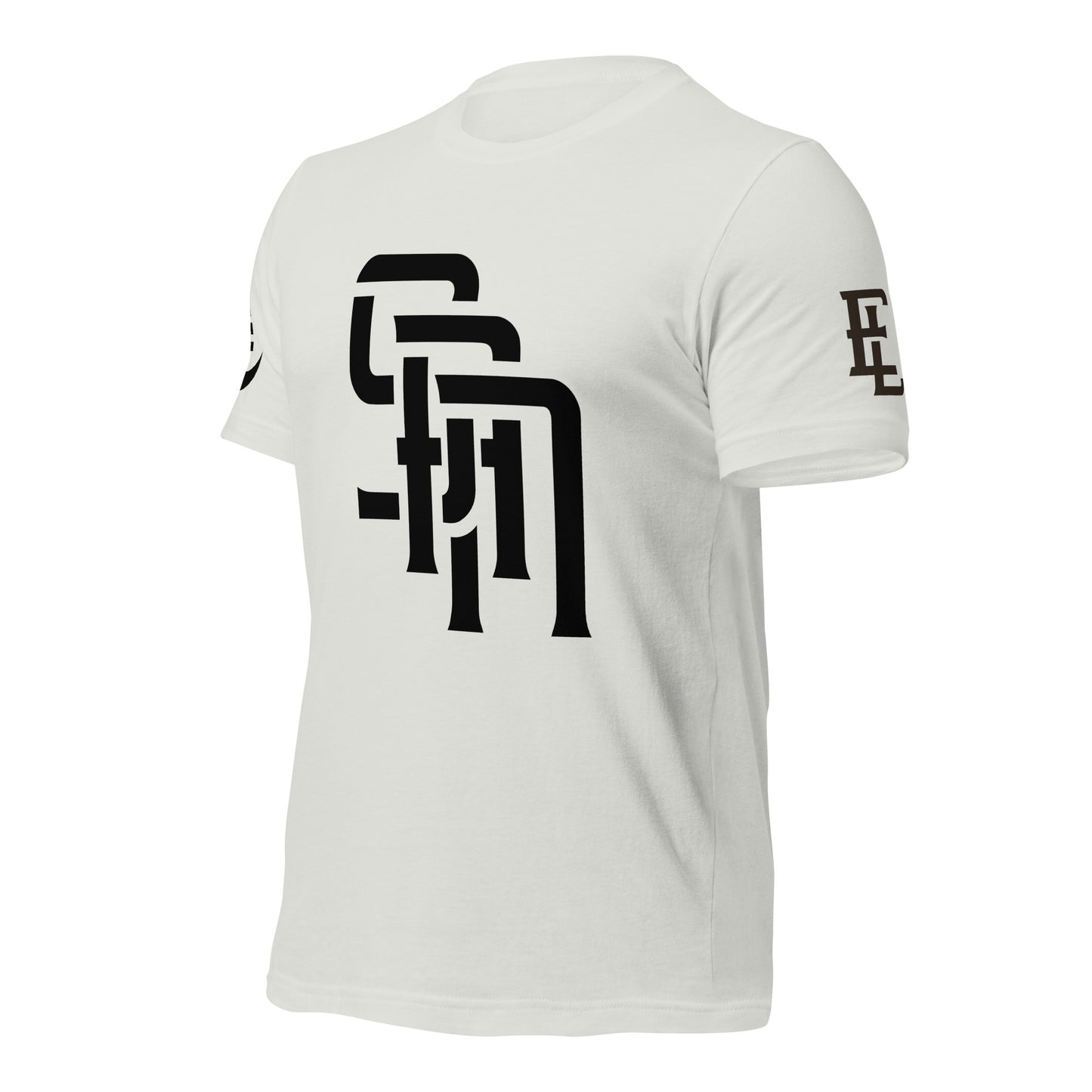 "SAN" Unisex Staple T-Shirt | E Luna Brand EXCLUSIVE | 4 White Logos: Front, Left/Right Sleeves & Back Signature