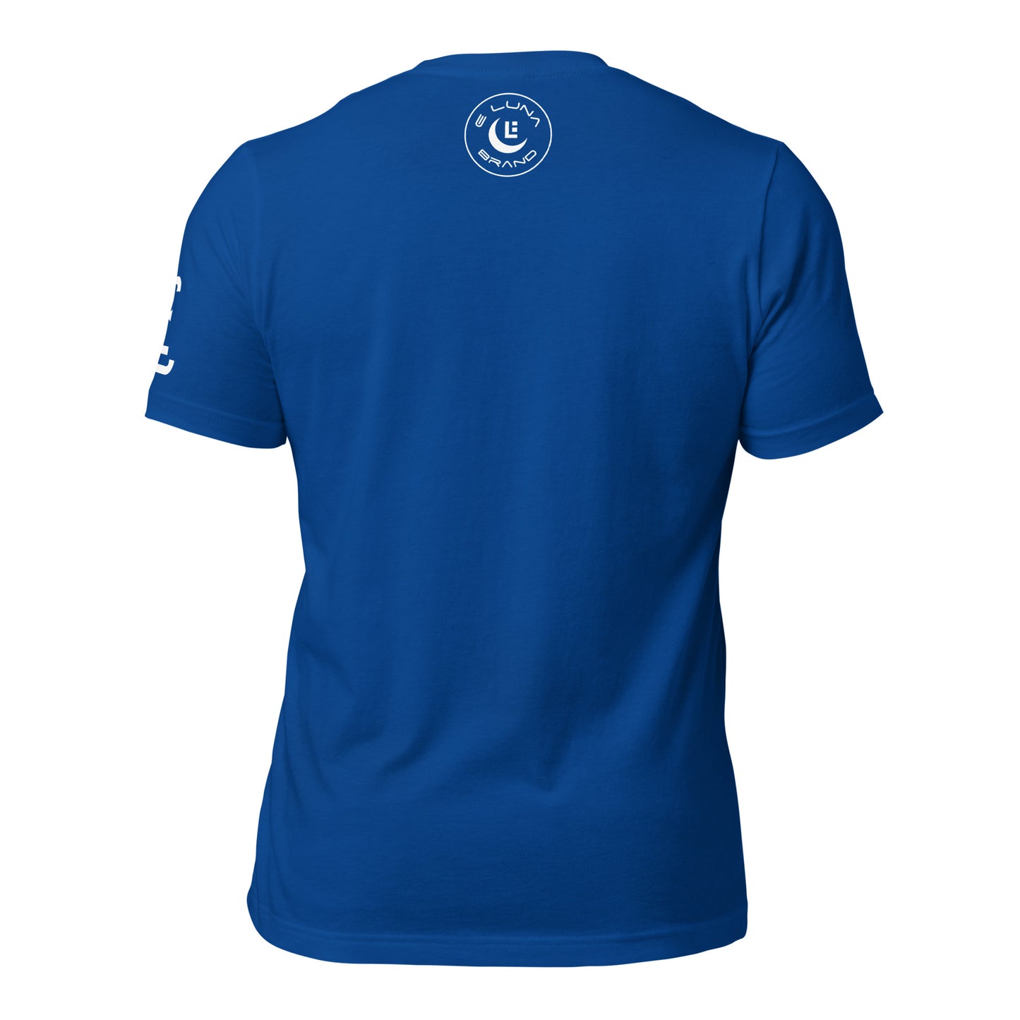 "SAN" Unisex Staple T-Shirt | E Luna Brand ESSENCE | 3 White Logos: Front, Left Sleeve & Outside Back Label
