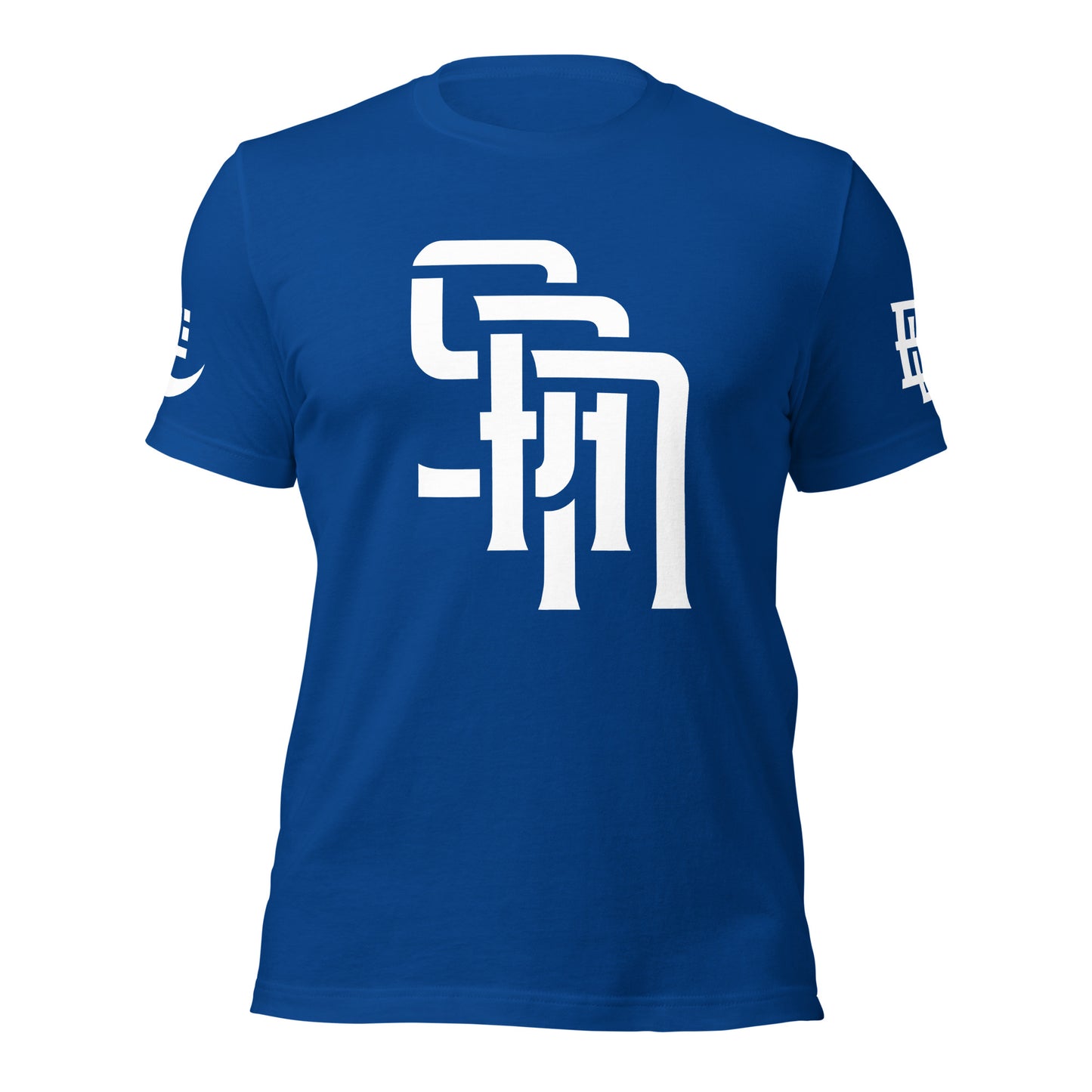 "SAN" Unisex Staple T-Shirt | E Luna Brand EXCLUSIVE | 4 White Logos: Front, Left/Right Sleeves & Back Signature