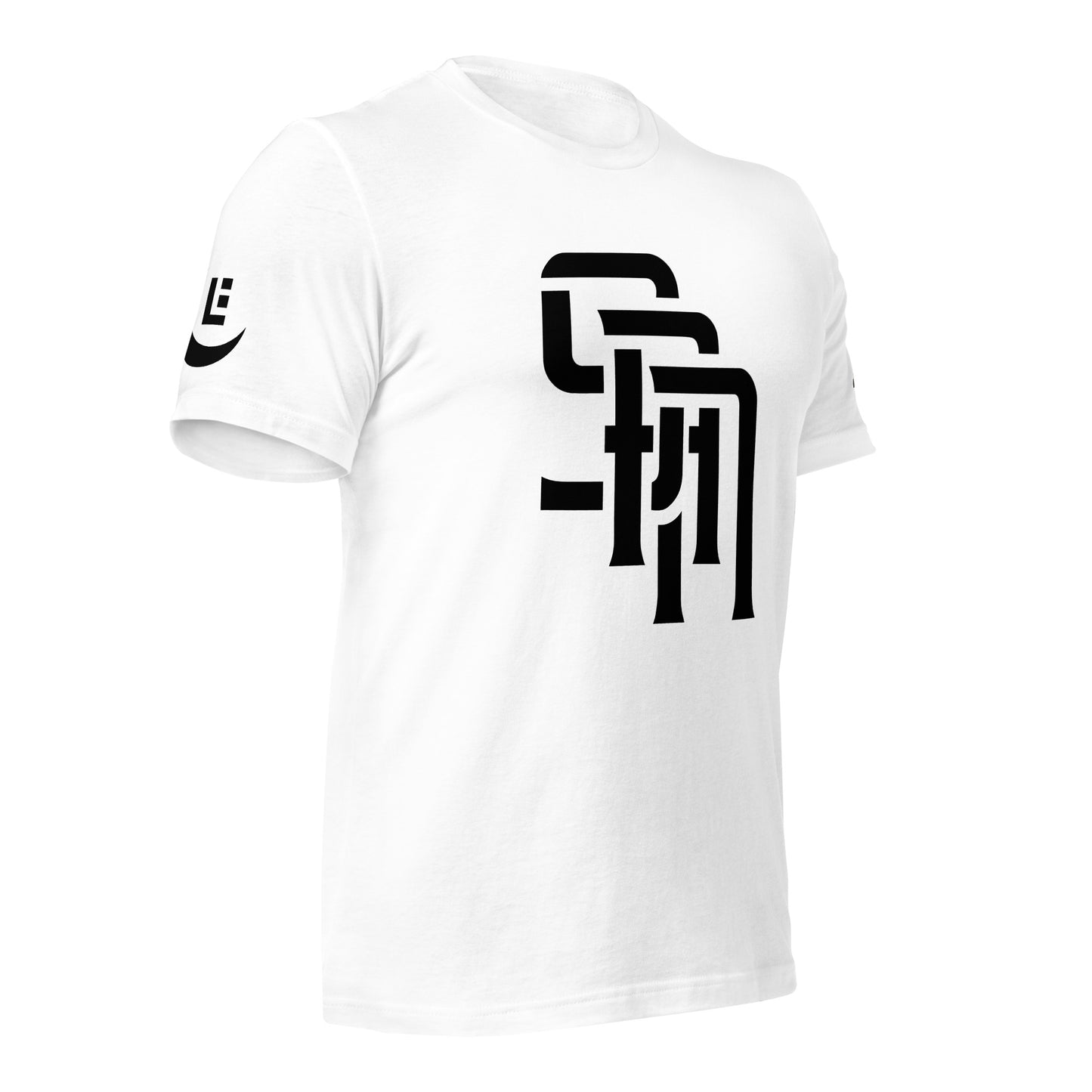 "SAN" Unisex Staple T-Shirt | E Luna Brand EXCLUSIVE | 4 White Logos: Front, Left/Right Sleeves & Back Signature