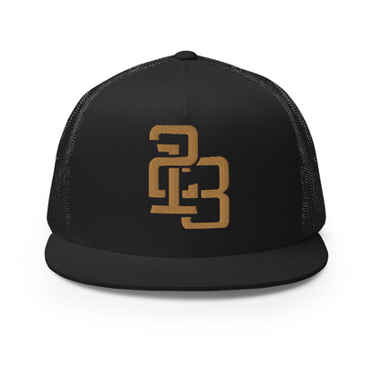 "213" Five Panel Trucker Cap | Yupoong 6006 | E Luna CLASSIC Solocrest 1 Old Gold Thread Front Logo