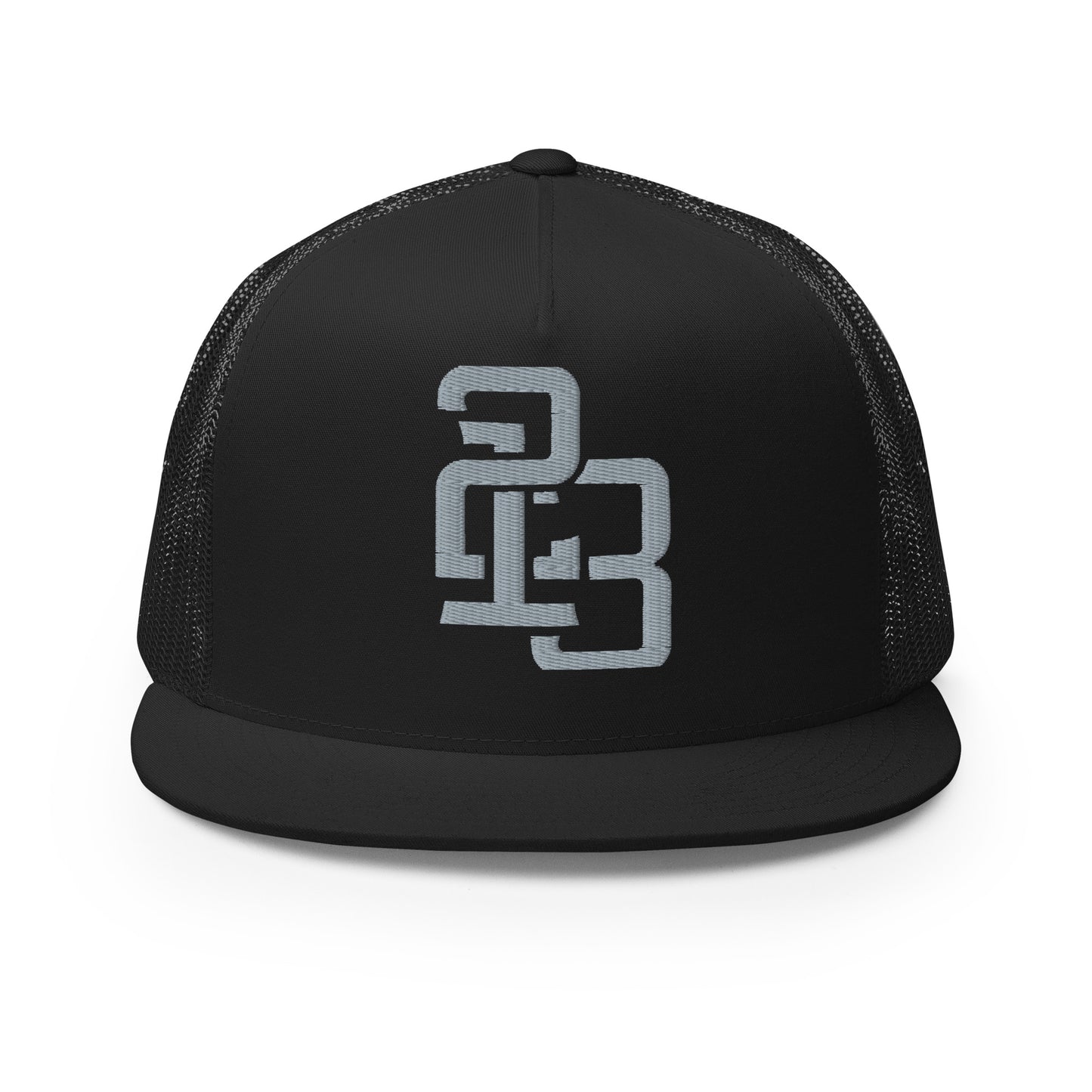 "213" Five Panel Trucker Cap | Yupoong 6006 | E Luna CLASSIC Solocrest 1 Grey Thread Front Logo