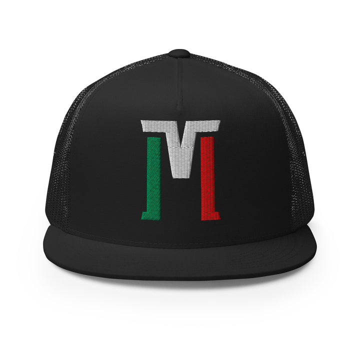 "M" Five Panel Trucker Cap | E Luna Brand CLASSIC | 1 Green, White, Red Thread Logo | 3D Puff Edition