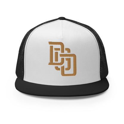 "DGO" Five Panel Trucker Cap | Yupoong 6006 | E Luna CLASSIC Solocrest 1 Old Gold Thread Logo