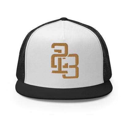 "213" Five Panel Trucker Cap | Yupoong 6006 | E Luna CLASSIC Solocrest 1 Old Gold Thread Front Logo