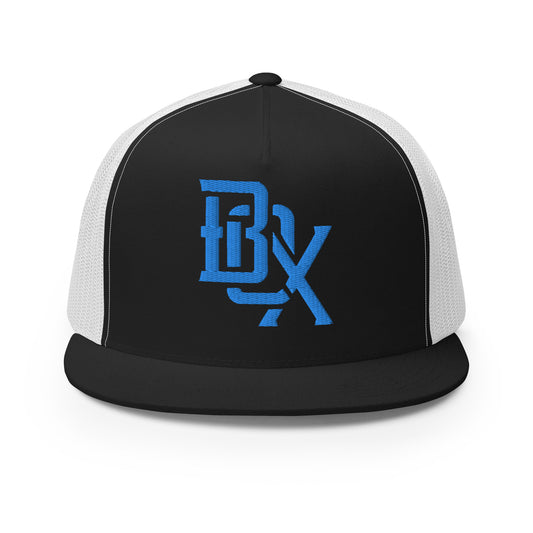"BOX" Five Panel Trucker Cap | Yupoong 6006 | E Luna CLASSIC Solocrest 1 Aqua/Teal Thread Front Logo