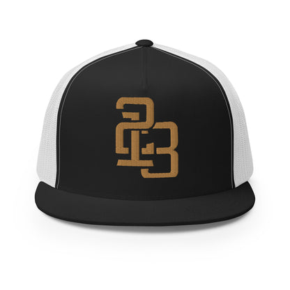 "213" Five Panel Trucker Cap | Yupoong 6006 | E Luna CLASSIC Solocrest 1 Old Gold Thread Front Logo