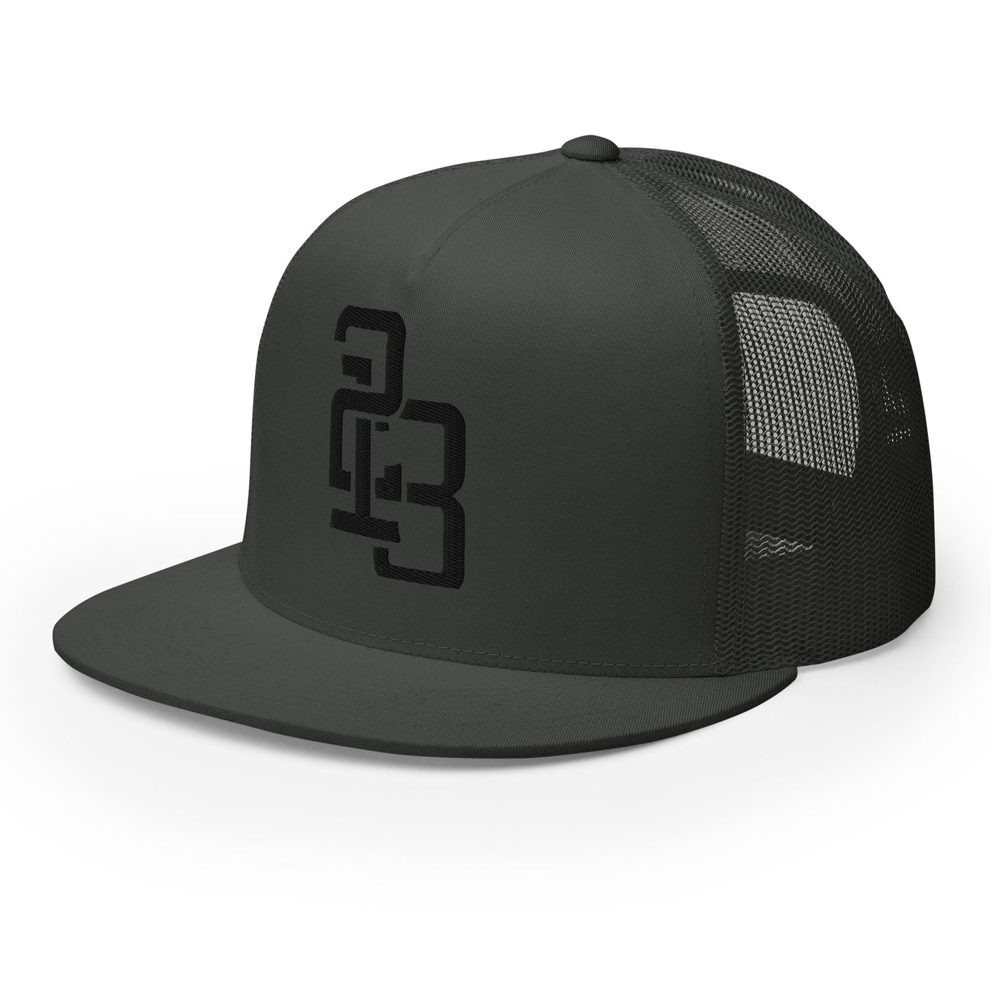 "213" Five Panel Trucker Cap | Yupoong 6006 | E Luna CLASSIC Solocrest 1 Black Thread Front Logo