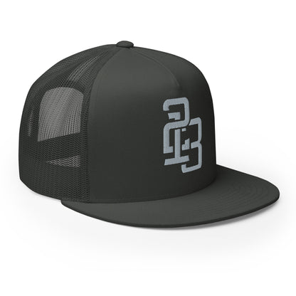 "213" Five Panel Trucker Cap | Yupoong 6006 | E Luna CLASSIC Solocrest 1 Grey Thread Front Logo