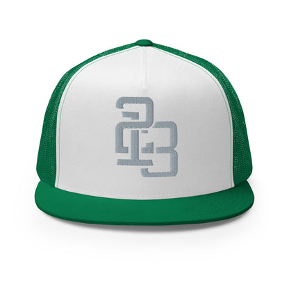 "213" Five Panel Trucker Cap | Yupoong 6006 | E Luna CLASSIC Solocrest 1 Grey Thread Front Logo