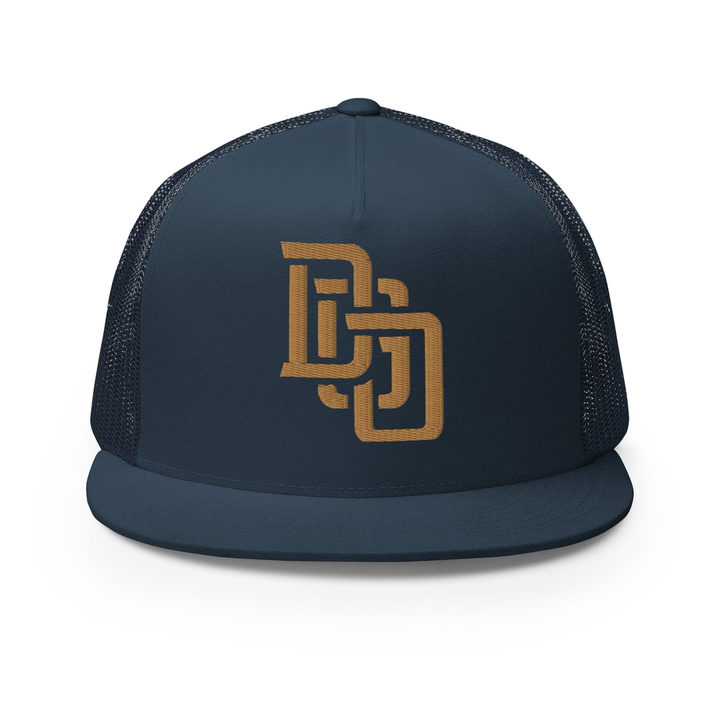 "DGO" Five Panel Trucker Cap | Yupoong 6006 | E Luna CLASSIC Solocrest 1 Old Gold Thread Logo