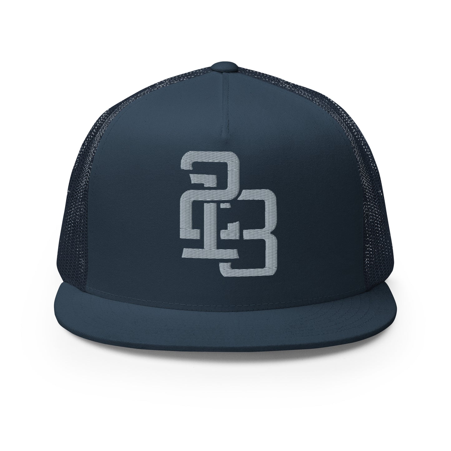 "213" Five Panel Trucker Cap | Yupoong 6006 | E Luna CLASSIC Solocrest 1 Grey Thread Front Logo