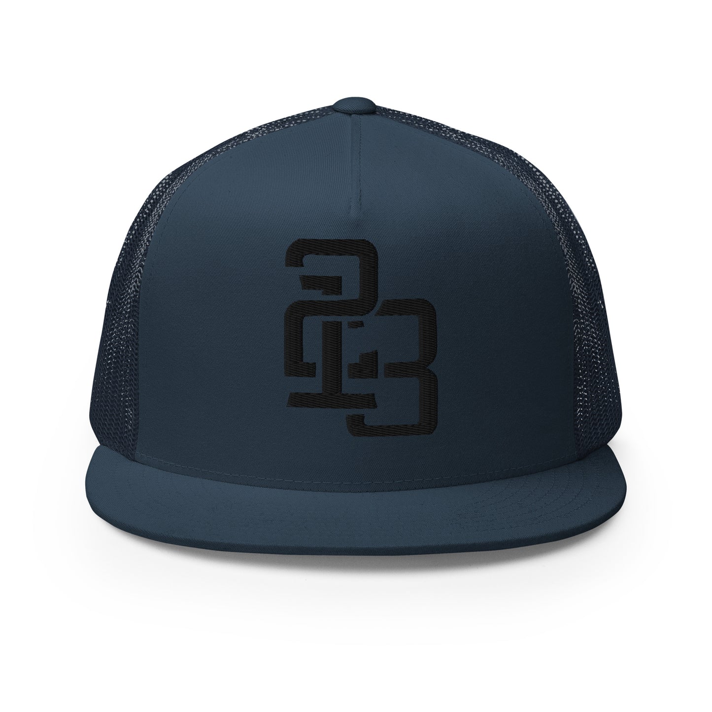 "213" Five Panel Trucker Cap | Yupoong 6006 | E Luna CLASSIC Solocrest 1 Black Thread Front Logo