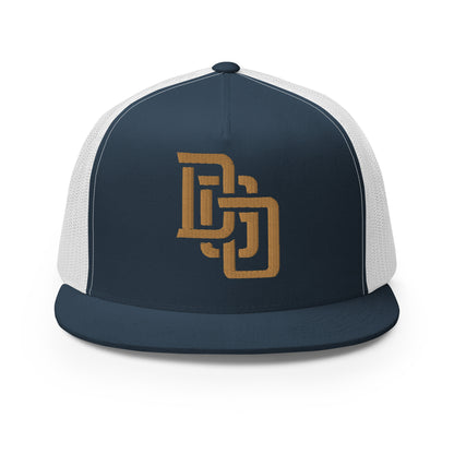 "DGO" Five Panel Trucker Cap | Yupoong 6006 | E Luna CLASSIC Solocrest 1 Old Gold Thread Logo