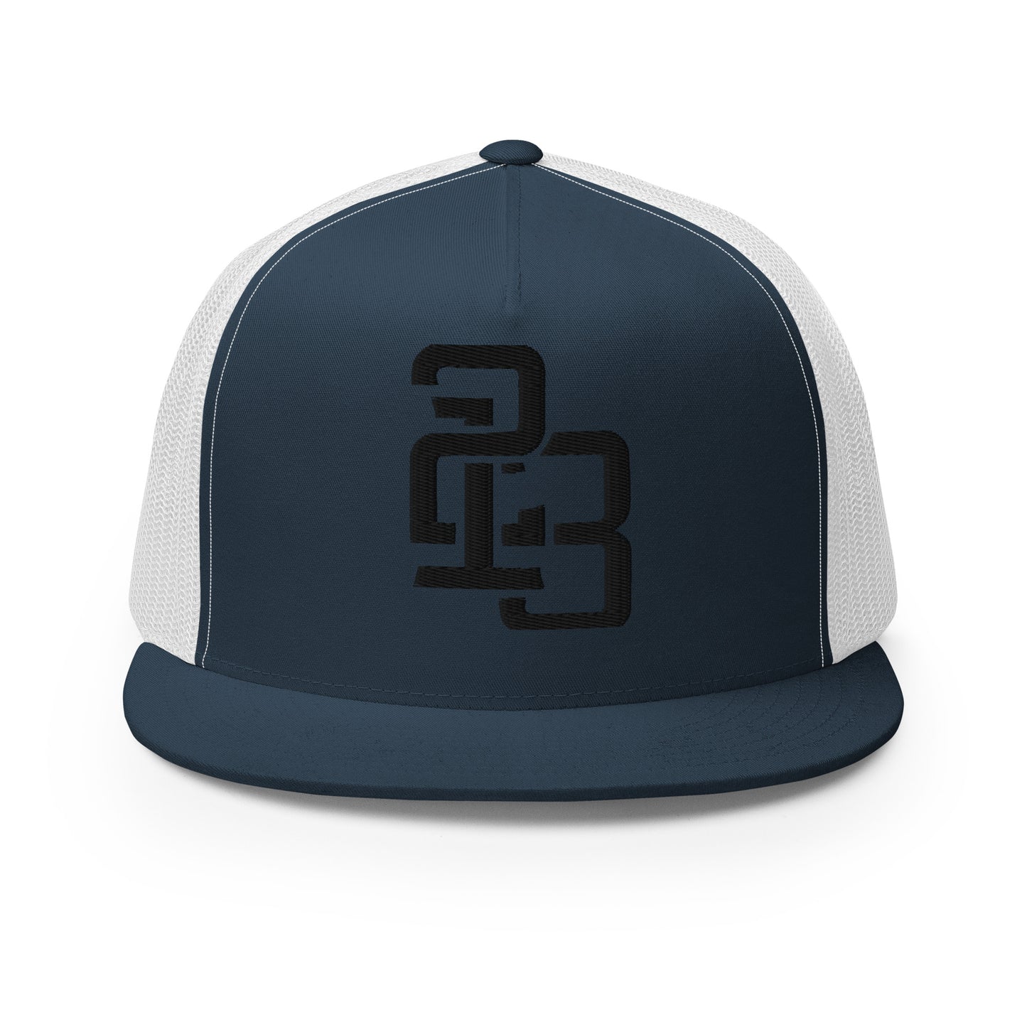 "213" Five Panel Trucker Cap | Yupoong 6006 | E Luna CLASSIC Solocrest 1 Black Thread Front Logo