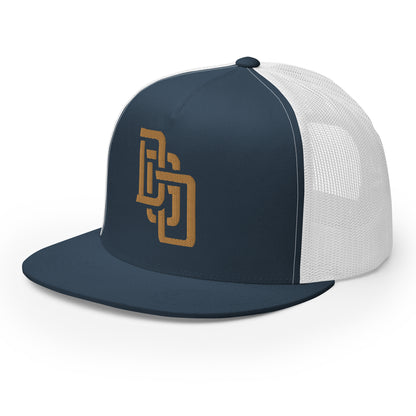 "DGO" Five Panel Trucker Cap | Yupoong 6006 | E Luna CLASSIC Solocrest 1 Old Gold Thread Logo